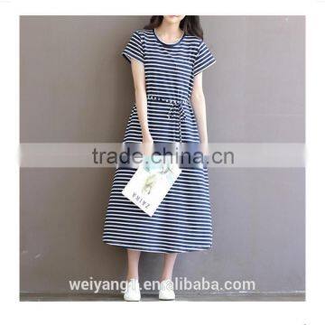 Wholesale Factory Direct Retro Round-neck Striped One-piece Women Casual Black Dress