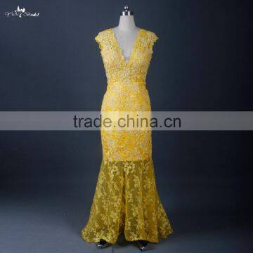 RSE676 Yellow Sexy See-Through Lace Back Open Evening Dress With Shawl