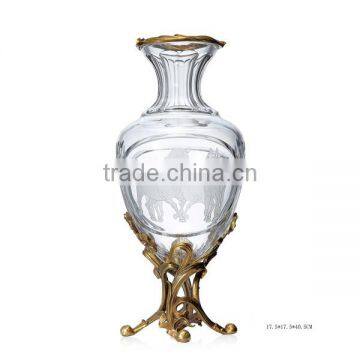 Hand Engraved Double Hourse Footed Bronze Mounted Vase, Ornate Crackle Crystal Flower Vase With Brass Base