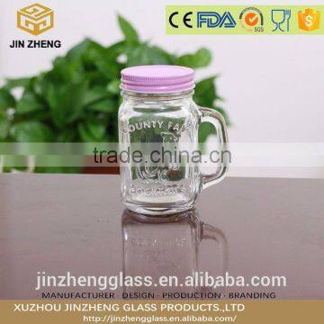 Promotional 14oz clear glass sealing drinking jar with handle