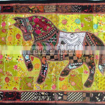 Indian Old Fabric Wall Decor With Horse Figure - Handworked Cotton Fabric Patchwork Wall Hanging Tapestry photo-2