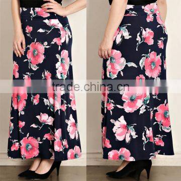 Latest Formal Skirt Blouse Matching Flower Patterns Polyester Floral Print Maxi Plus Size Fat Women Long Skirt For Ladies