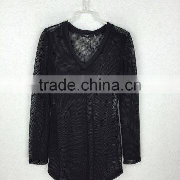 Original Design Lady V-neck Sheer Blouse Long Sleeve Black Mesh Fabric Blouse photo-2