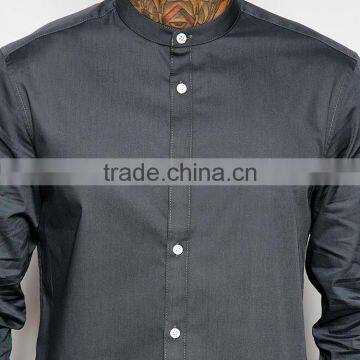 Mens Grey Cotton Shirt With Grandad Collar