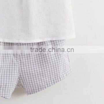 2017 Baby Boy Clothes 2pcs Set White Linen Blouse Chest Pocket Light Purple Grids Shorts photo-5