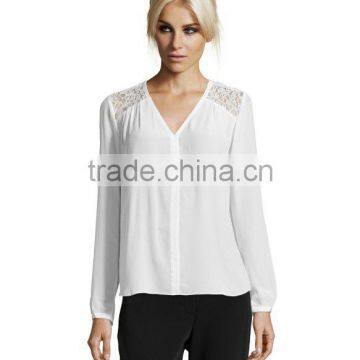 100% Polyester Long Sleeve v Neck Blouse Hi-low Woman Blouse photo-4