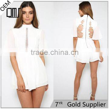 High Neck Lace Zipper Back White Short Jumpsuits Women Chiffon Playsuit