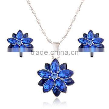 Blue/White/Pink Flower Necklace Earring Set Rhinestone Crystals for Women Jewelry