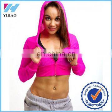 Trade Assurance Yihao 2015 Women Custom Sportswear Gym Wear Mesh Hood Fitwear Zip Crop Hoodies Sweatshirt