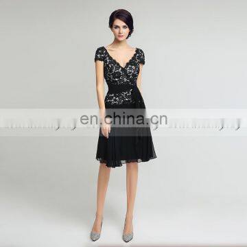 Elegant V Neck Short Sleeve Knee-Length Black Cocktail Party Dresses Ladies Party Dress