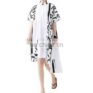 TWOTWINSTYLE Women Back Long Pattern Printed Big Size Shirt Dress New Lapel Short Sleeve Loose Fit Fashion