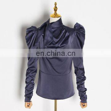 Korean Ruched Satin Puff Long Sleeve Lace Up Large Sizes Women's Shirts