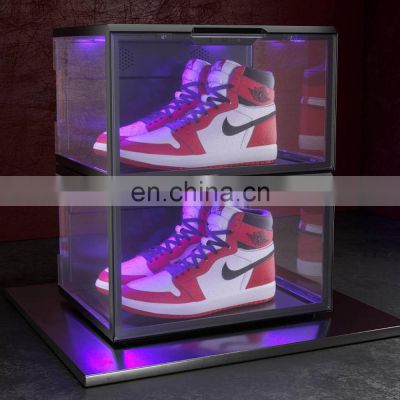 Clear Transparent Display Sound Control Stackable Acrylic Custom Sneaker Storage Logo Side Open Magnetic Led Shoe Box With Light