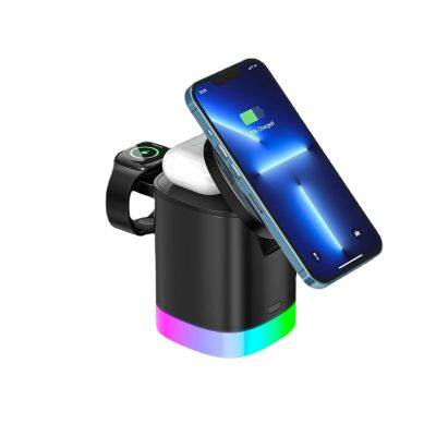 Foldable 3-in-1 magnetic wireless charger 15W fast charging With LED Light Wireless Charger Stand for IP/Watch/Earbuds