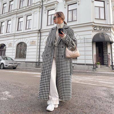 New Fashion White and Black Long Houndstooth Coat Women's Trench Coat Winter Clothes Long Coats for Women
