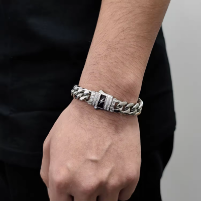 Stainless Steel Miami Cuban Bracelet for Men 18k Gold Plated With Baguette Diamond Clasp Hip Hop Style Cuban Link Bracelet