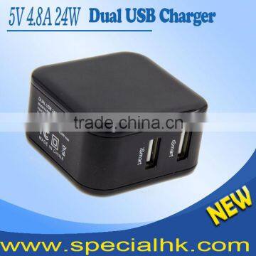 wholesale high quality 24W 5V2A 2 port usb charger wall charger CE ROHS FCC approved