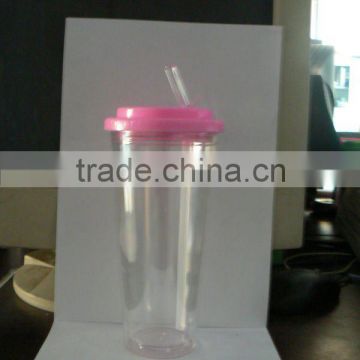 hard double wall plastic drink cup with straw and new lid