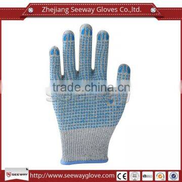 Seeway HDPE And Glass Fiber With Palm Blue PVC Dotted safety Anti Cut Glove Level 5 Protection EN388 Certified Strong Grip