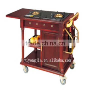 Flambe Cooking Trolley with wooden surface for Hotel