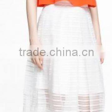 Hot! 2016 Wholesale Fashion White Midi Skater Skirt With Mesh Insert photo-2