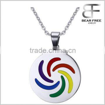 Round Stainless Steel Rainbow Enamel Pendant Necklace for Gay & Lesbian Pride with Free Chain