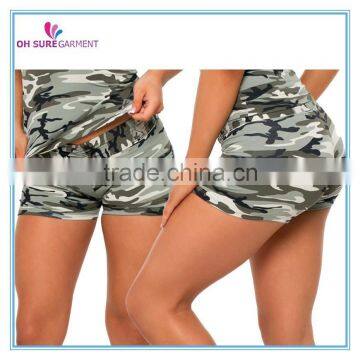 84% polyester 16% spandex womens dry fit camo sports shorts