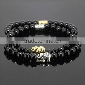 KJL-0026 Fashion Women/Girl Jewelry, 6mm Black Onyx Agate Stone Beads Antique With Gold Silver Elephant Bracelet