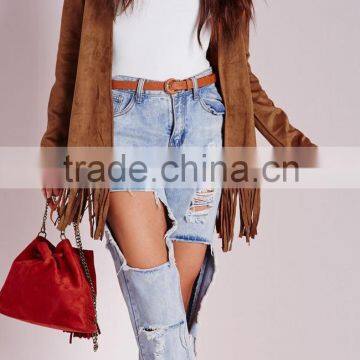 Fashion faux suede jacket with fringe hem tan for women