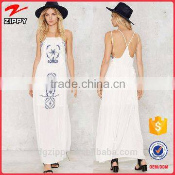 2016 Custom Women Embroidered Cotton Sleeveless White Maxi Dress