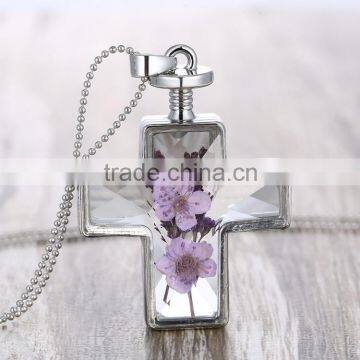 2016 Hot Sale Silver Cross Real Dried Flower Necklace Crystal photo-3
