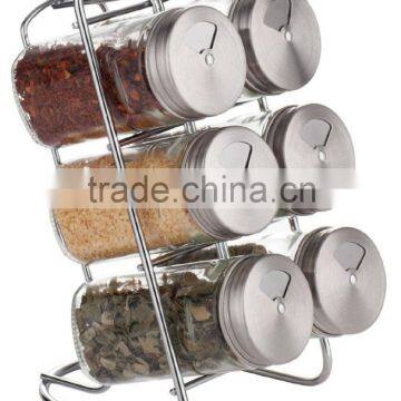 SINOGLASS trade assurane 80ml stainless steel lid glass bottle with wire rack 6 glass jars spice rack set