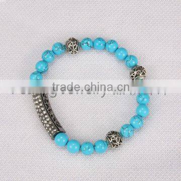 Turquoise beads bracelet with crystal tube charming for man and woman