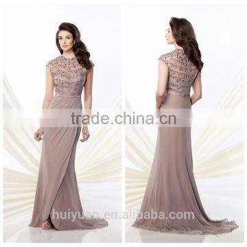 2014 high neck cap sleeve bead embroidered evening dress