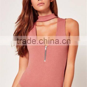 MGOO Elegant 95% Cotton 5% Spandex Bodysuits Ribbed Choker Neck Pink Tops Sleeveless Zip Up Tops photo-5