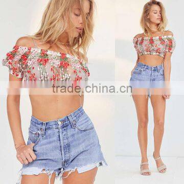 Sexy Mesh Embroidered Floral Tops off Shoulder Ladies Blouse photo-5