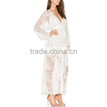 Button up Long Sleeve Fancy Lace Dress Bridal Casual Maxi Robe photo-2