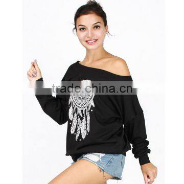 Bulk Wholesale Black Asymmetrical Shoulder Screen Printing Sweatshirt for Ladies photo-4
