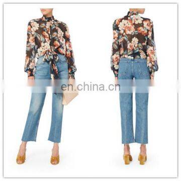 High Quality Ladies Fashion Silk Chiffon Blouse & Top With Tie On Waist