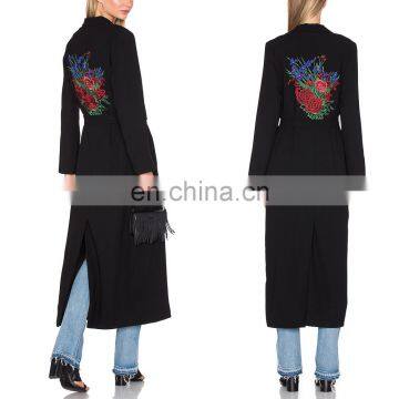 Matrix fashion floral embroidered back windbreaker black long overcoat