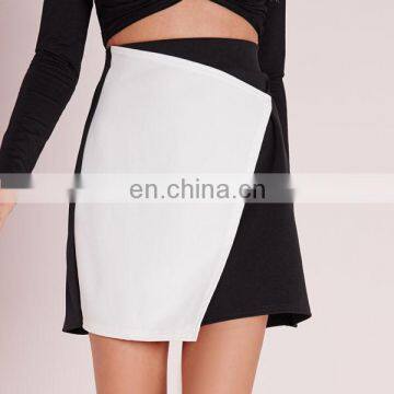 Contrast color asymmetric wrap mini skirt for lady