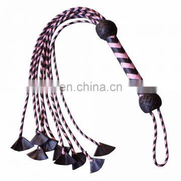 HMB-513D LEATHER FLOGGER 9 O CAT BRAIDS TAILS PINK BLACK BULLWHIPS