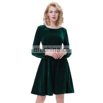 Belle Poque Retro Vintage Winter Long Sleeve Crew Neck Dark Green Velvet Swing Dress BP000358-1