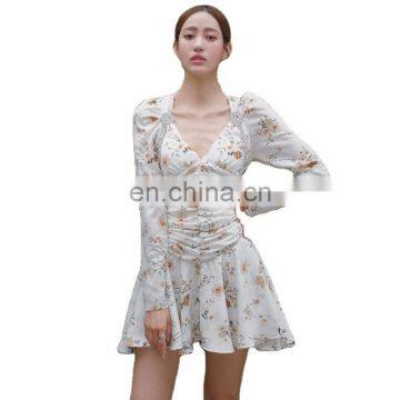 TWOTWINSTYLE Dress For Women V Neck Long Sleeve High Waist Ruched Print Hit Color Mini Diamonds