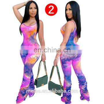 Women Sleeveless Tie Dye Print Skinny Spaghetti Strap Bodycon Long Stacked Bell Bottom Flare Jumpsuit Romper One Piece Outfit photo-6