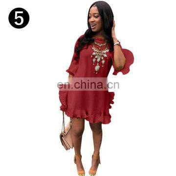 Summer Fashion Women Casual Neck Half Sleeve Side Flared Keen-length Solid T-Shirt Blouse Dress photo-7