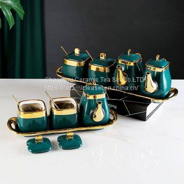 Light Luxury Dark Green Household Ceramic Seasoning Bottle Set of Five photo-2