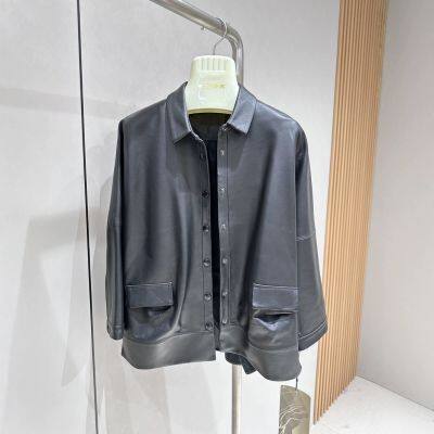 Real leather jacket, women's casual sheepskin jacket, medium length loose jacket