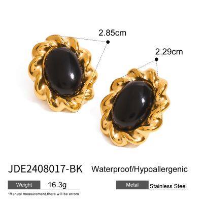 Vintage Stainless Steel Black Stone Stud Earrings Gold Plated Geometric Pearl Earrings Set Women Fashion Jewelry photo-3