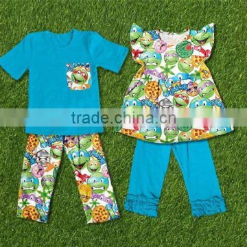 summer clothes kids turtle printed clothing set hot sale brother sister set wholesale children boutique clothing ruffle pants